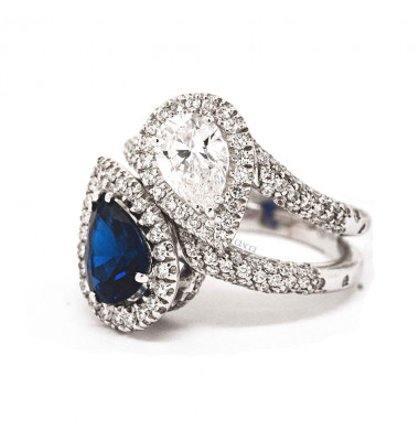 Anello Contrarié Goccia Diamante Zaffiro Brillanti Oro Bianco 18kt