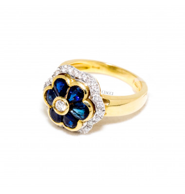 G1224-AA633 Anello Oro Giallo Zaffiro Blu e Brillanti